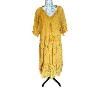 o.p.t. Mustard Yellow Eyelet Boho Embroidered Midi Dress Size M Cottagecore